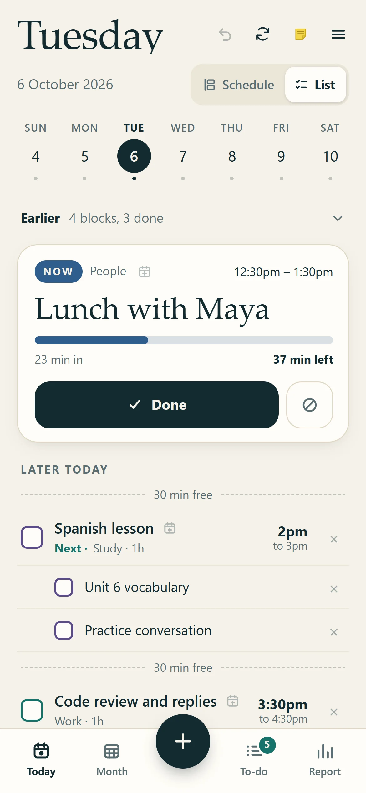 Actual's list view on a phone: lunch happening now with a Done button, and the afternoon below